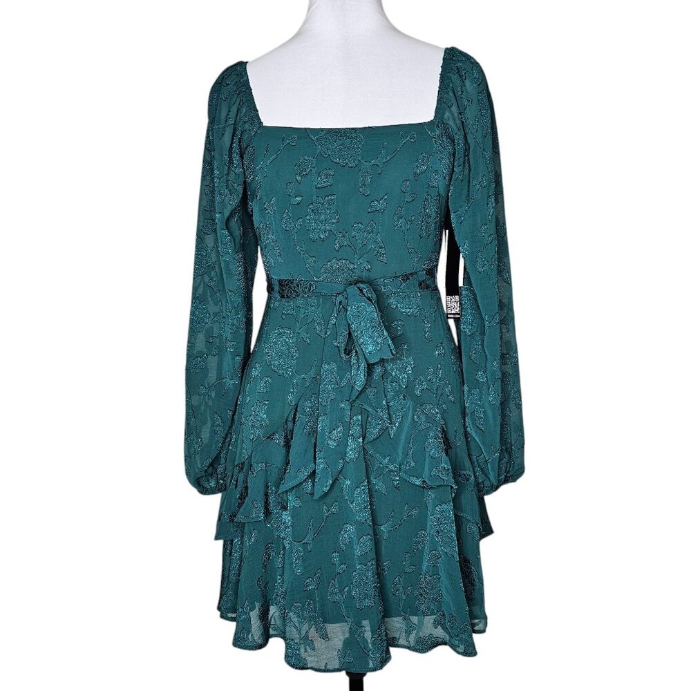 ⭐Trixxi S Green Mini Dress Embroidered Floral Forest Fairy Balloon Sleeve Ruffle